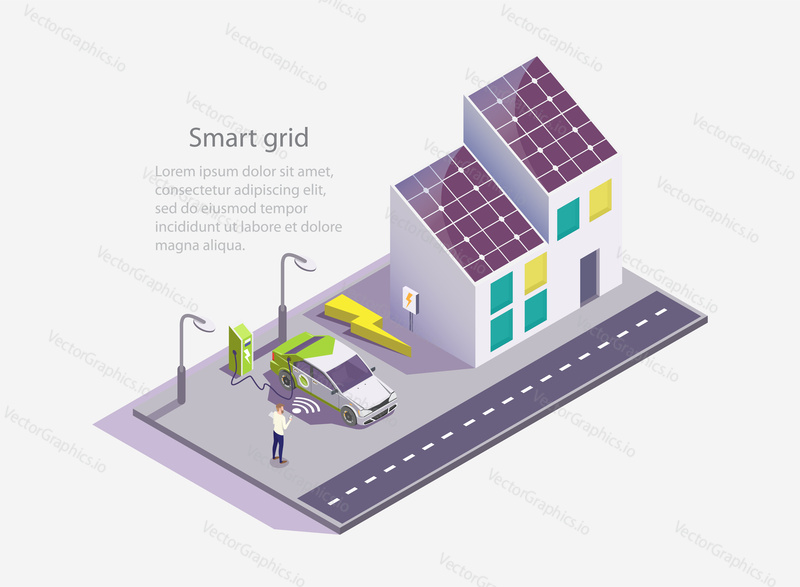 Smart grid vector web banner template. Isometric green eco friendly house with solar panels, electric car charging station, man using mobile phone. Renewable energy and smart grid technology concept.