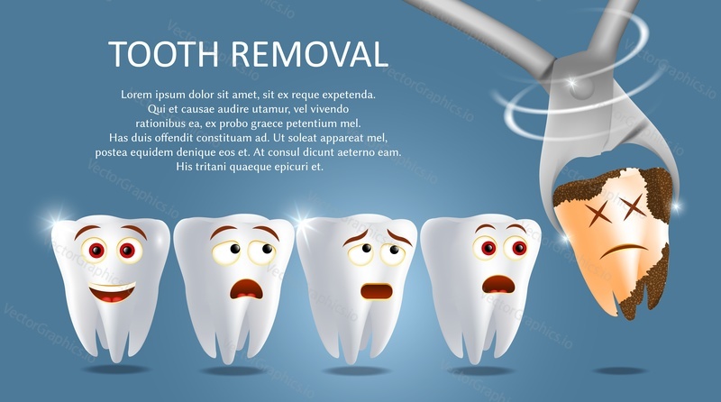 Tooth removal concept vector poster banner template. Funny healthy teeth and bad tooth extracted with medical forceps. Tooth extraction, dental surgery for kids concept.