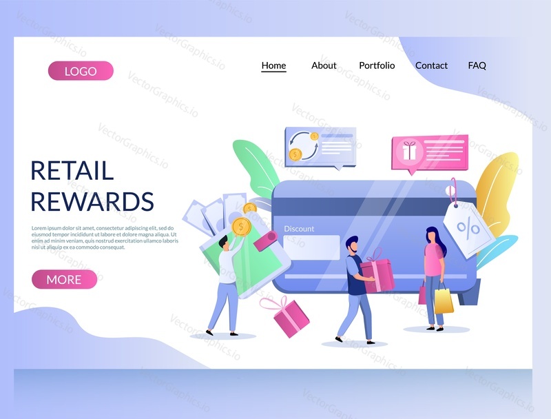 Retail rewards vector website template, web page and landing page design for website and mobile site development. Customer reward loyalty program, earn bonuses, points, gift cards for online purchases