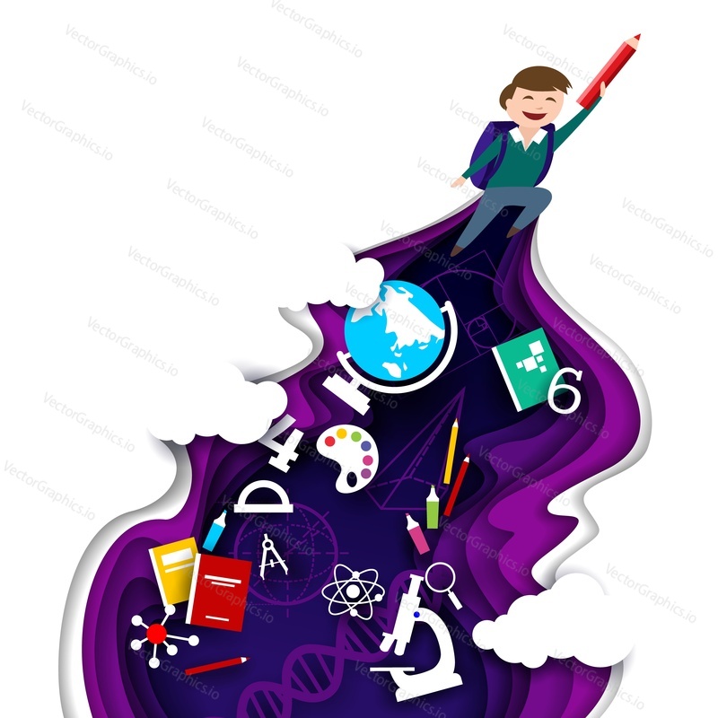 Schoolboy flying up with pencil in raised hand and backpack with school supplies falling out of it, vector illustration in paper art style. Back to school concept.