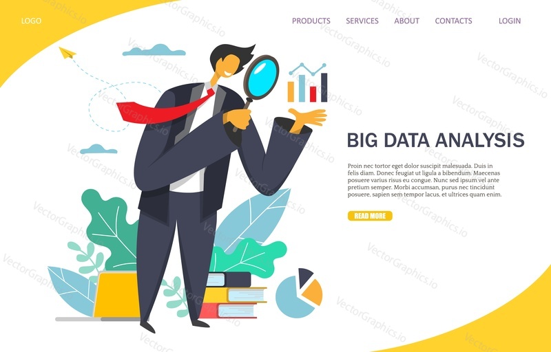 Big data analysis vector website template, web page and landing page design for website and mobile site development. Businessman looking at graph on his palm with magnifier. Data management concept.