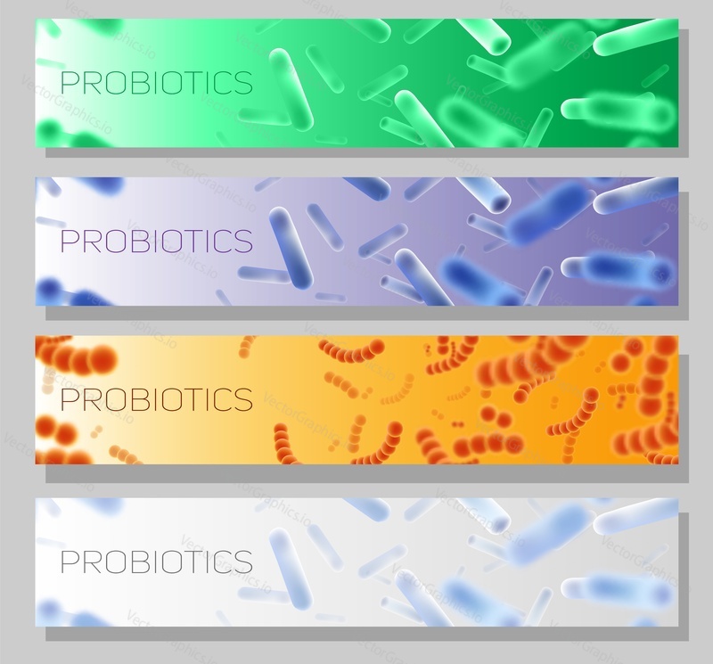 Probiotics vector horizontal web banner template set with good or friendly bacteria and microorganisms for humans. Probiotic strains of bacteria for improving and restoring the gut flora.