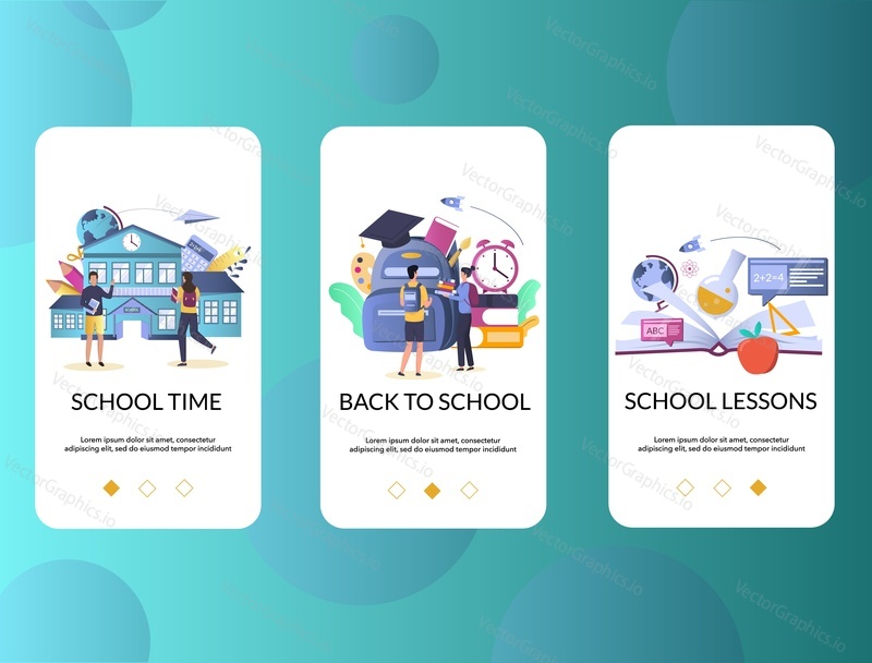 School mobile app onboarding screens. Menu banner vector template for website and application development. Back to school, education concept