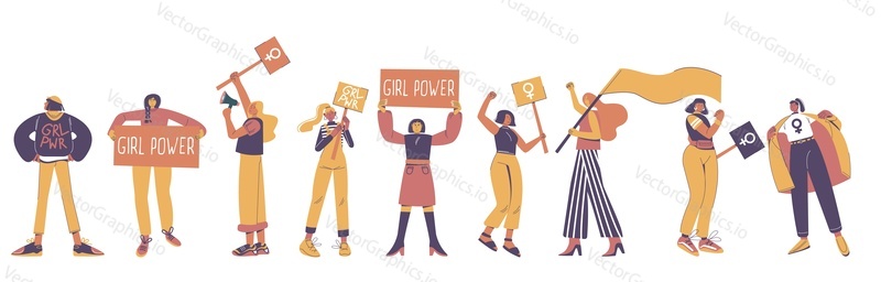 Protesting young women, vector flat illustration isolated on white background. Girl power and feminist movement concept for poster, web banner, website page etc.