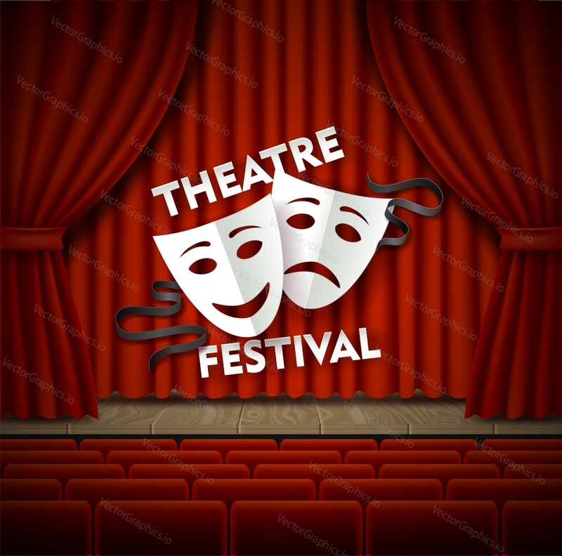 Theatre festival vector poster template. Realistic wooden theater stage with red curtains and theatrical tragedy and comedy masks, seats for spectators. Stage for concert, movie, dance and other show.