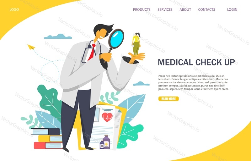 Medical check up vector website template, web page and landing page design for website and mobile site development. Doctor looking at girl on his palm with magnifying glass. Medical diagnosis concept.
