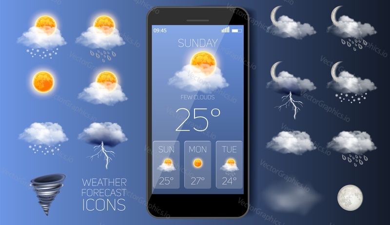 Weather forecast icon set, vector realistic illustration. Mobile phone with daily weather forecast widget application template. Sun, clouds, wind, thunderstorm, tornado, rain, snow etc.