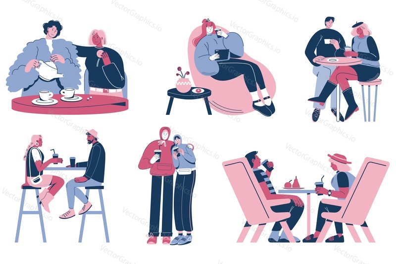 People drinking coffee or tea while sitting at tables and talking to each other, walking in the street. Vector flat style design illustration isolated on white background. Coffee break concept.