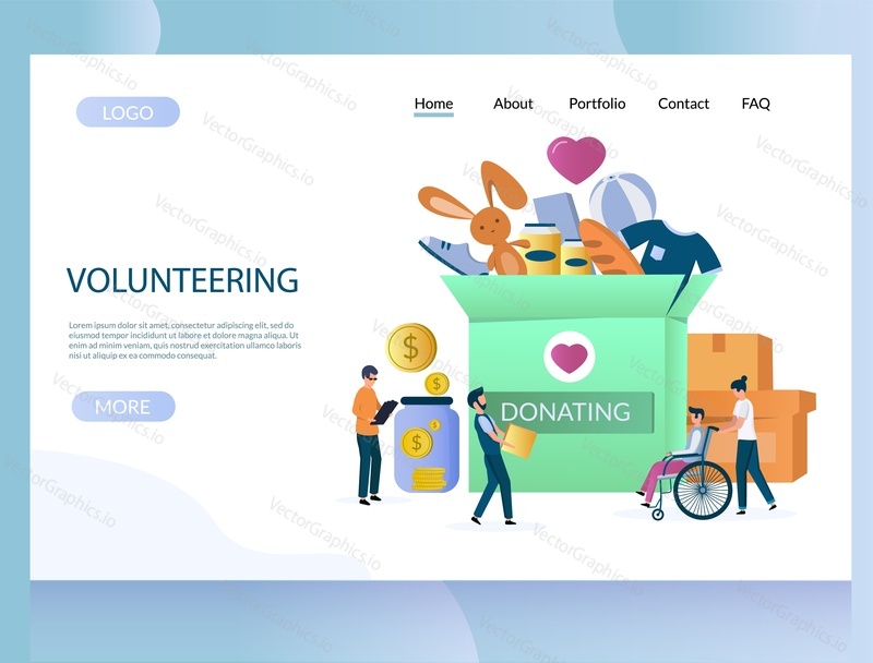 Volunteering vector website template, web page and landing page design for website and mobile site development. Donating, charity, fundraising concept with big donation box, tiny characters volunteers