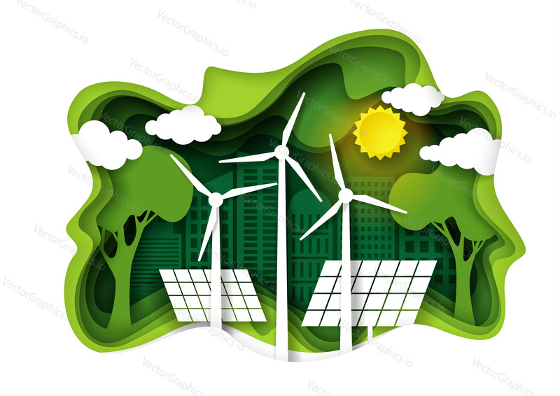 Eco friendly green city with wind turbines and solar panels, vector illustration in paper art style. Save the world and environment, alternative energy, ecology concept.