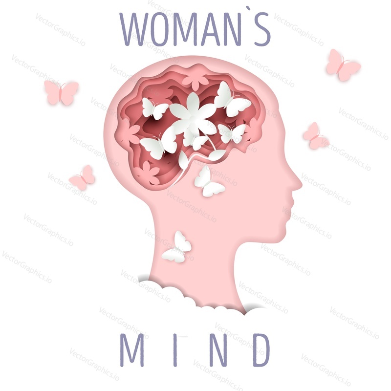 Woman head silhouette with flowers and butterflies, vector illustration in paper art style. Psychology, female mind, mental health concept.