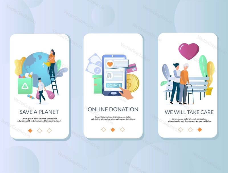 Volunteering mobile app onboarding screens. Menu banner vector template for website and application development. Save planet Earth, online donation and care for disabled people.