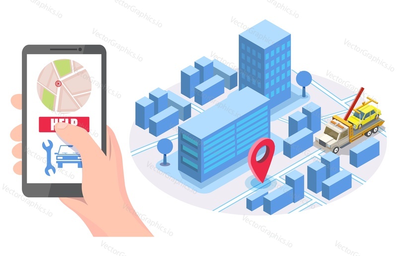 Hand holding smartphone with map, help button, isometric city road, tow truck evacuator with auto, vector illustration. Online roadside assistance, car towing service mobile app concept for web banner