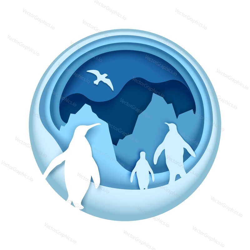 Antarctic South Pole scene with icebergs and penguins silhouettes, vector illustration in paper art style. Antarctica for travel poster, postcard, web banner etc.