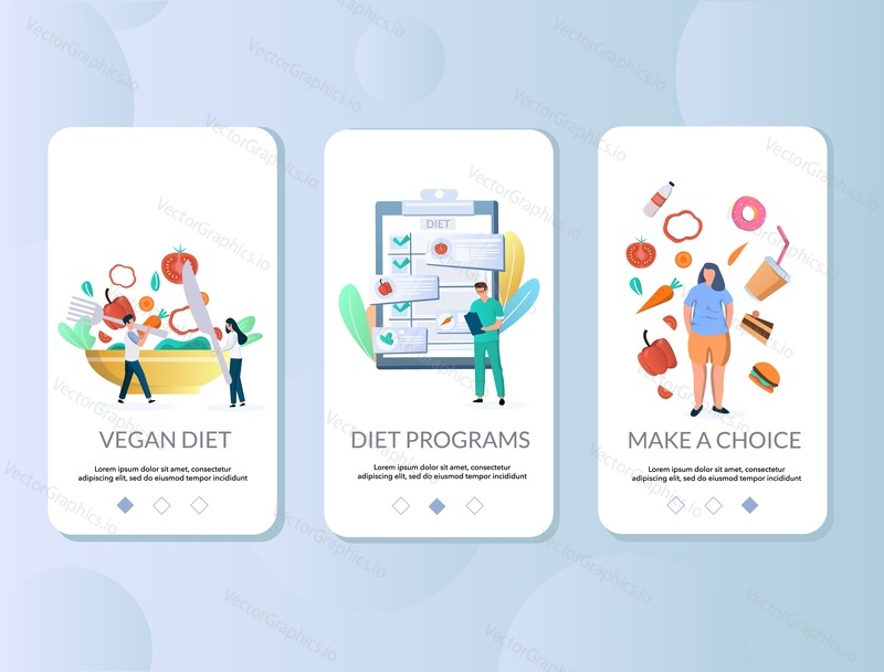 Diet mobile app onboarding screens. Menu banner vector template for website and application development. Vegan diet and weight loss programs concept.
