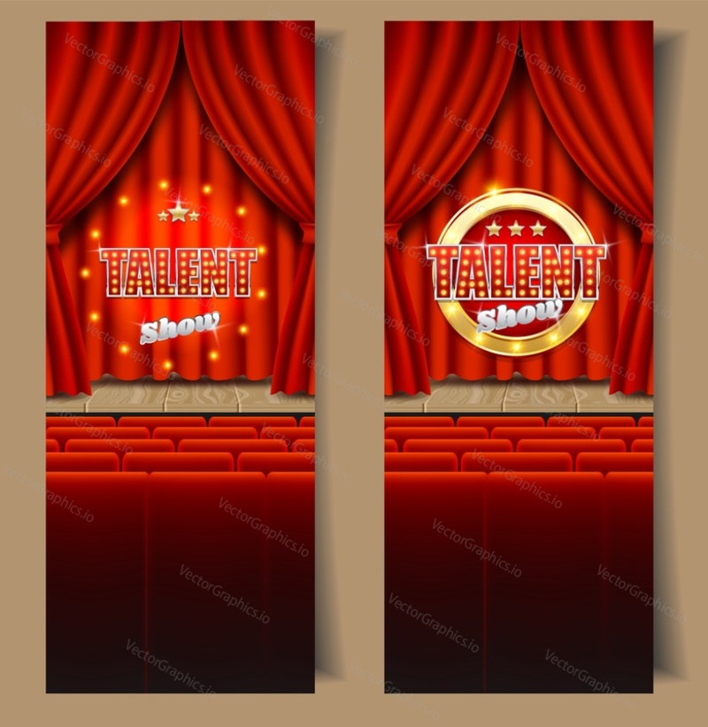 Talent show vertical vector banner template set. Talent show sign with light bulbs on realistic red velvet curtains, wooden theater stage and seats for audience. Talent contest, competition concept.