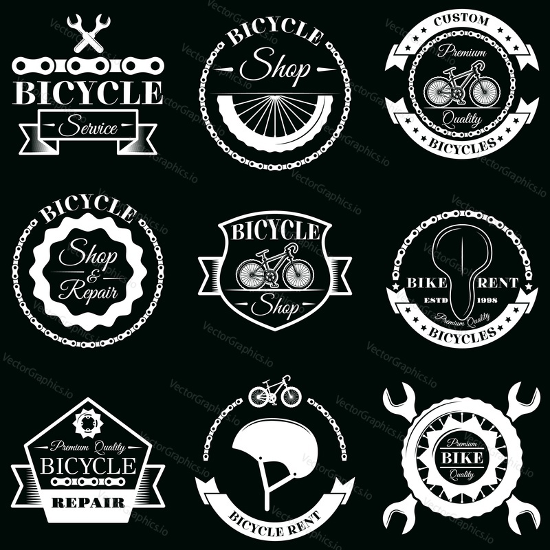 Bicycle service badge label logo set. Vector monochrome illustration in retro style. Bicycle rent, shop and repair typography.