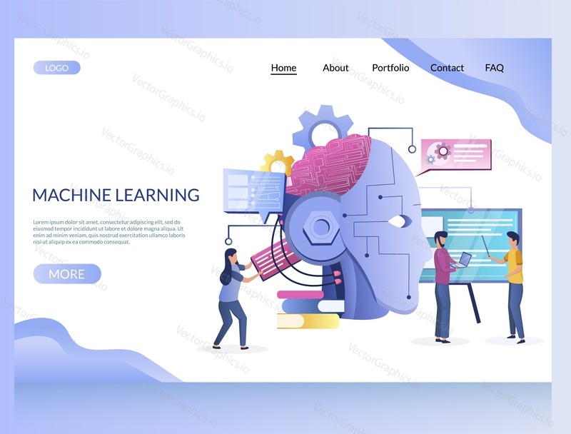 Machine learning vector website template, web page and landing page design for website and mobile site development. Artificial intelligence, robotics, cyber mind technology concept with characters.
