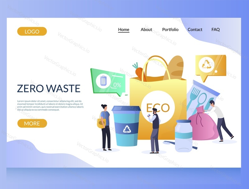 Zero waste vector website template, web page and landing page design for website and mobile site development. Life without plastic concept with eco friendly reusable glass, paper items and characters.