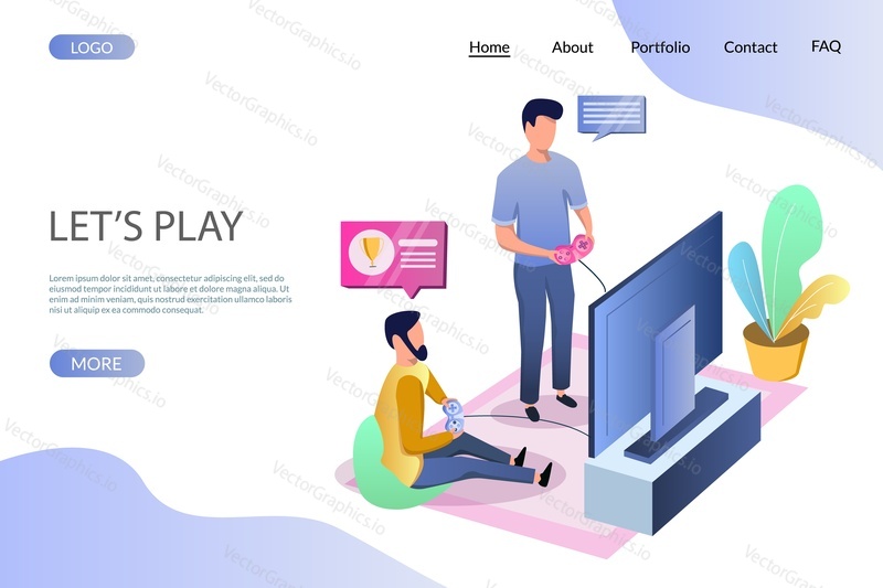 Lets play vector website template, web page and landing page design for website and mobile site development. Two men playing video game using game console. Gaming industry concept.