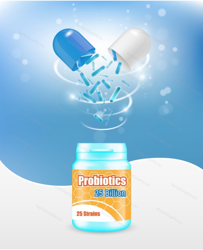 Probiotics pills advertising vector poster banner template with plastic bottle and opened capsule. Probiotic supplement for maintaining good bacteria balance, improving and restoring the gut flora.