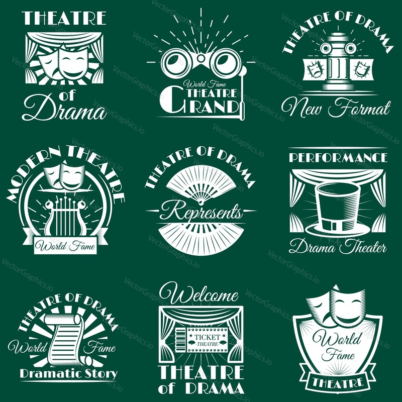 Vector vintage theatre emblems, labels, badges, logo with theatrical symbols such as drama and comedy masks, binoculars, lyre musical instrument, high silk hat, fan, theater scene decorations, etc.