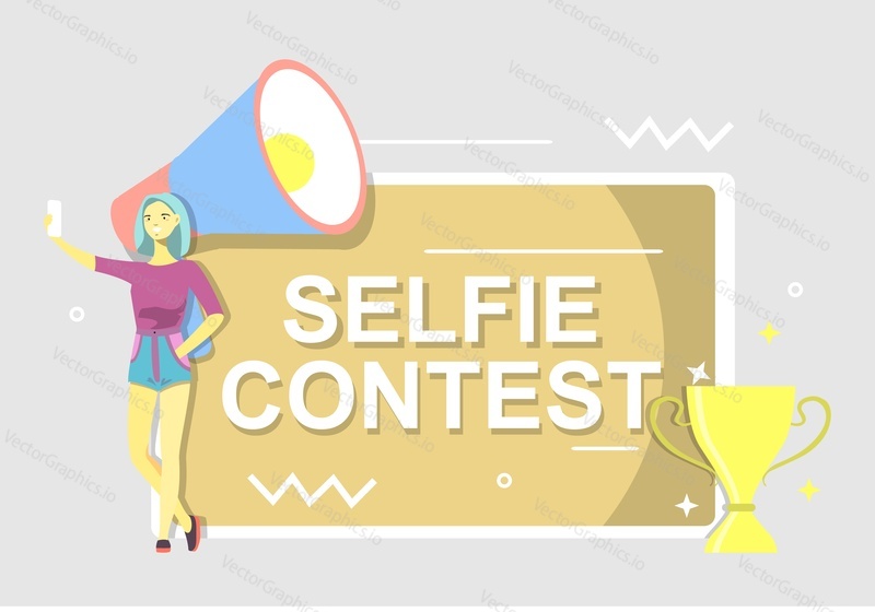 Selfie contest announcement in photo frame, megaphone, award cup and young girl taking selfie with mobile phone. Vector flat style design illustration. Social media marketing concept poster, banner.