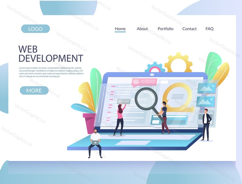 Web development vector website template, web page and landing page design for website and mobile site development. Project management software, teamwork concept.