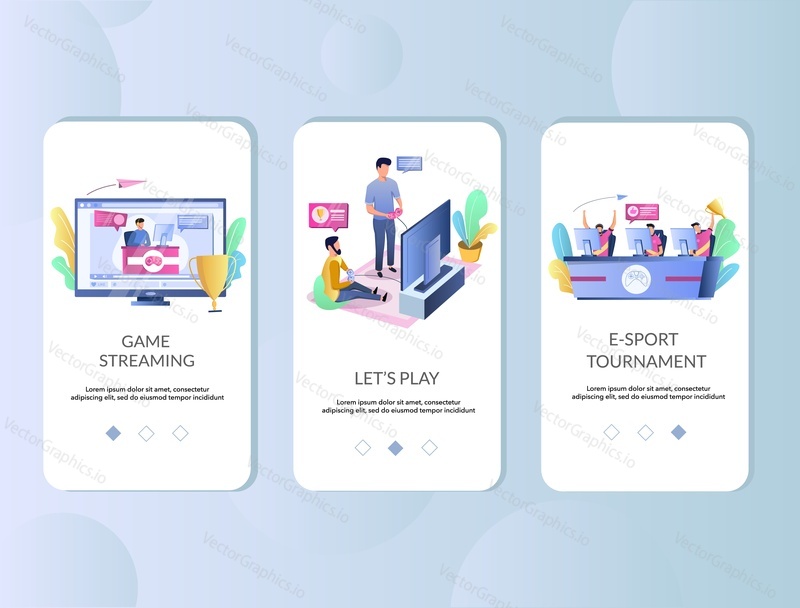 Game streaming, Lets play, E-sport tournament mobile app onboarding screens. Menu banner vector template for website and application development. Cybersport tournament, competitive computer gaming.