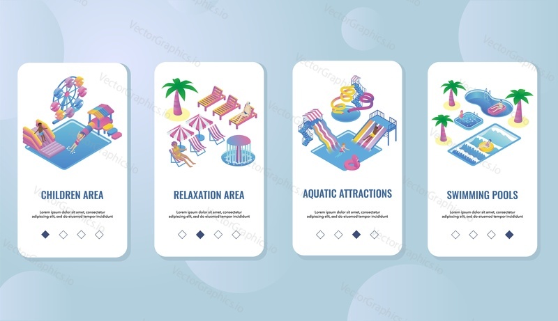 Waterpark mobile app onboarding screens vector template. Menu banner vector template for website and application development. Children and relaxation areas, swimming pools and aquatic attractions.