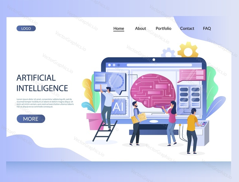 Artificial intelligence vector website template, web page and landing page design for website and mobile site development. Machine learning, digital brain, artificial thinking concept with characters.