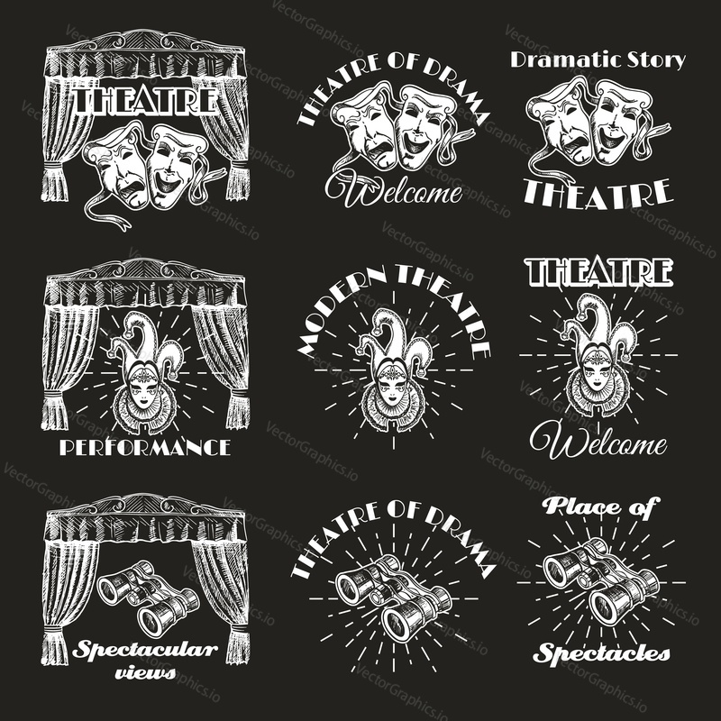 Vintage theatre label, emblem, badge and logo set, vector hand drawn illustration. White theater show symbols isolated on black background.