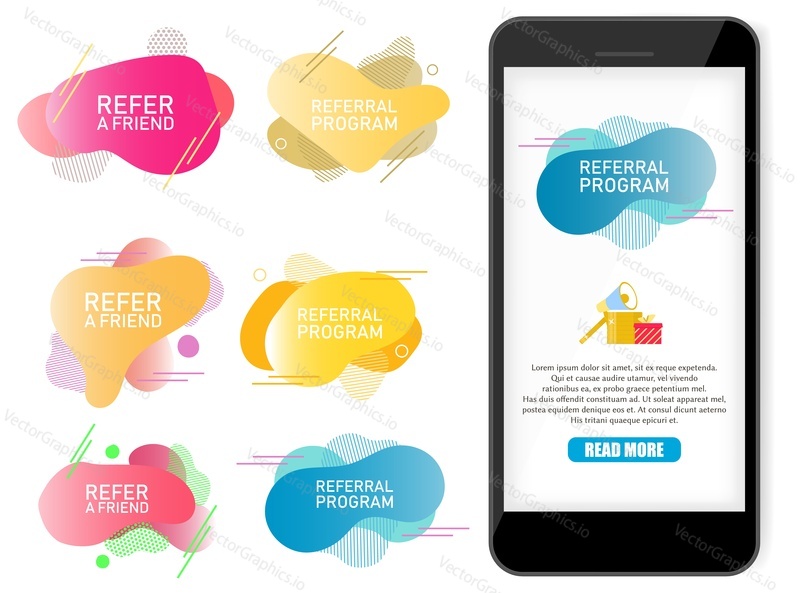 Refer a friend, referral program label banner vector set. Trendy gradient dynamic liquid abstract shapes of various colors with text. Referral marketing, social media concepts for web banner etc.