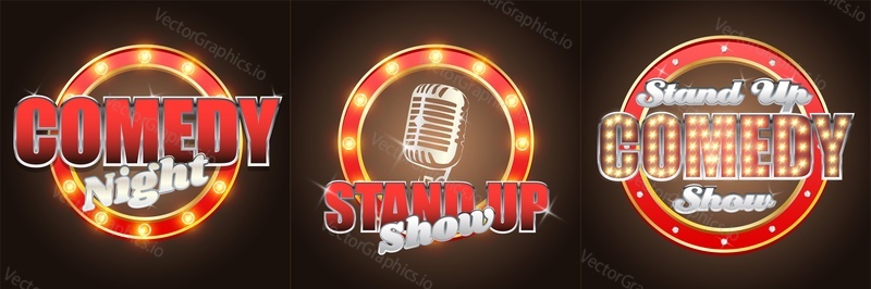 Stand up comedy show night label, signage set, vector illustration. Standup show retro banners with glowing lights.