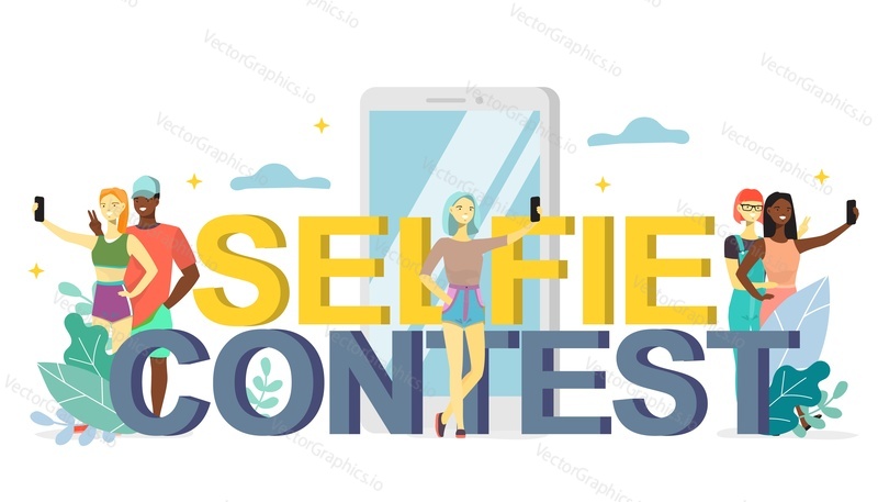 Selfie contest words in capital letters, big smartphone, young people taking selfie with mobile phones. Vector flat illustration. Social media marketing concept for web banner, website page etc.