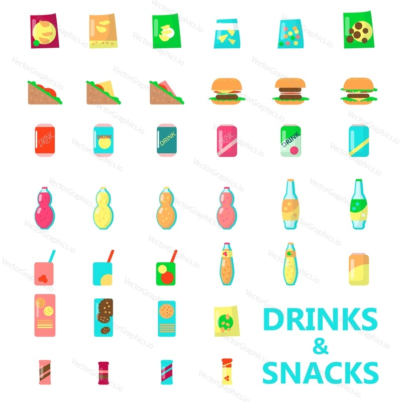 Drinks and snacks, vending machine product icon set. Vector flat isolated illustration. Fast food, chips, nuts, cracker,cookies, juice, cola, soda etc. Snack food and cold beverages in packaging.