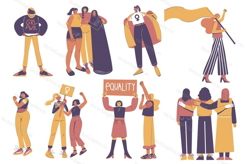 Group of protesting diverse young women holding flag, banner, hugging, vector flat isolated illustration. Girl power, gender equality, feminism concept for womens day card, poster, website page.