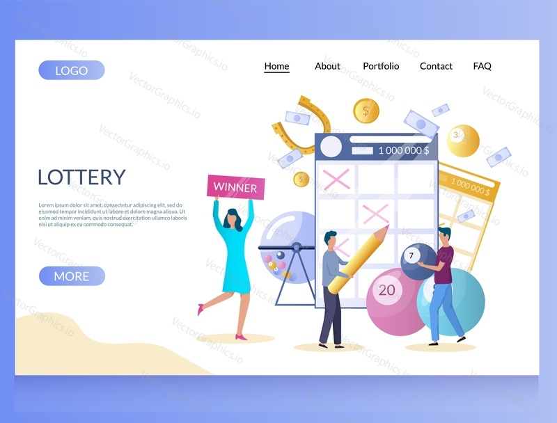 Lottery vector website template, web page and landing page design for website and mobile site development. People filling out lottery tickets, raffle drum, balls with lucky numbers. Bingo keno lotto.