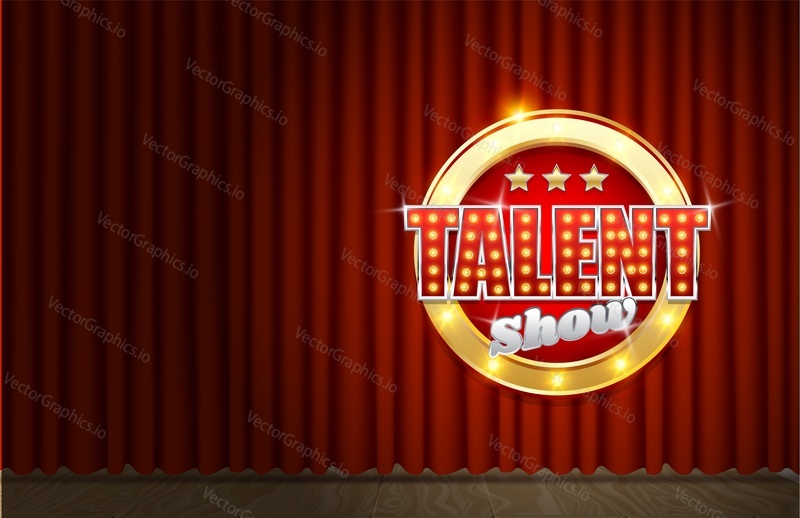 Talent show vector poster template. Theatrical scene, sign with glowing light bulbs on red velvet curtain. Talent contest, competition advertising or invitation card etc.