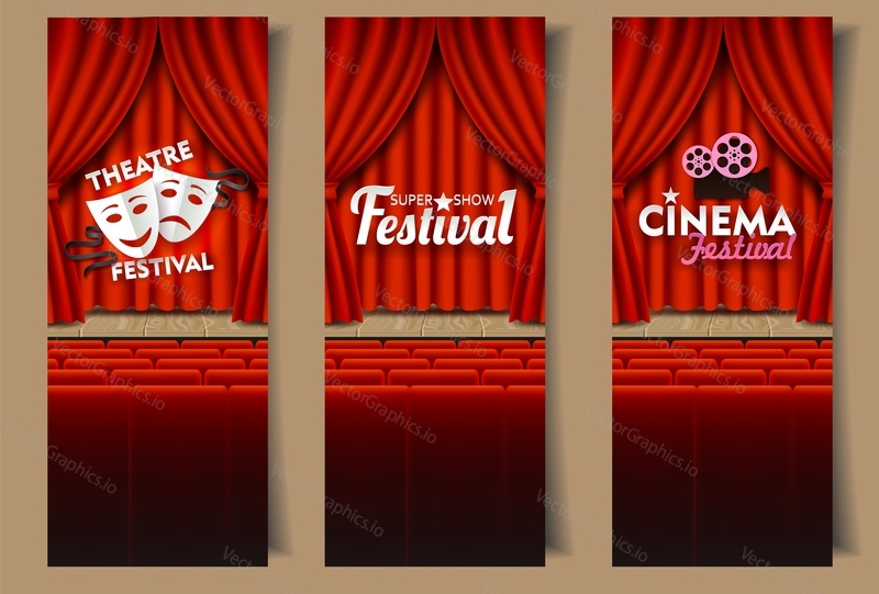 Cinema and theatre arts vertical banner template set. Vector illustration of theatrical scene with red curtains, theater tragedy and comedy masks, retro movie projector and film tape reels.