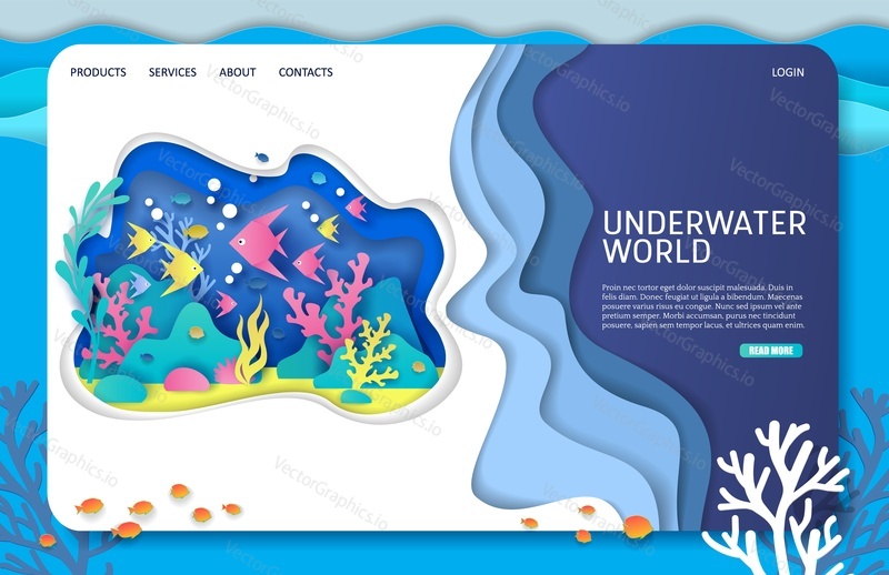 Underwater world vector website template, web page and landing page design for website and mobile site development. Aquarium with paper cut plants, exotic fish, stones.