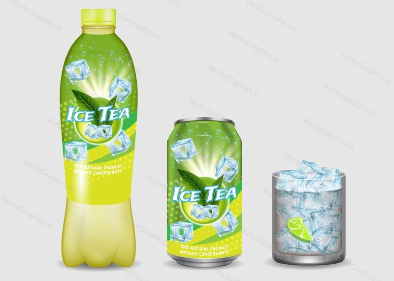 Green iced tea package mockup set. Vector realistic illustration of ice tea plastic bottle, aluminium can with labels and glass with ice cubes and lemon. Cooling and refreshing summertime drink.