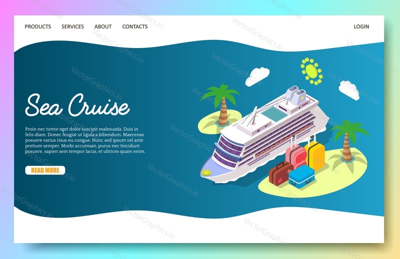 Векторный шаблон веб-сайта морского круиза, дизайн веб-страницы и целевой страницы для разработки веб-сайтов и мобильных сайтов. Изометрический круизный лайнер, острова с пальмами и чемоданами. Морское путешествие, концепция путешествия.