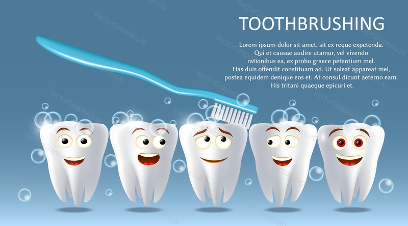 Toothbrushing vector poster banner template. Happy smiling healthy and white teeth brushing with toothbrush. Oral care, tooth cleaning and hygiene concept.