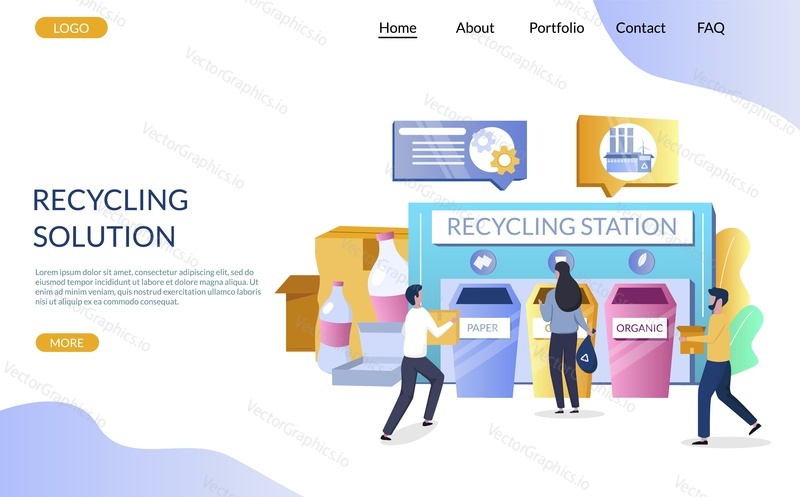 Recycling solution vector website template, web page and landing page design for website and mobile site development. Waste sorting, garbage segregation and recycling concept with characters.