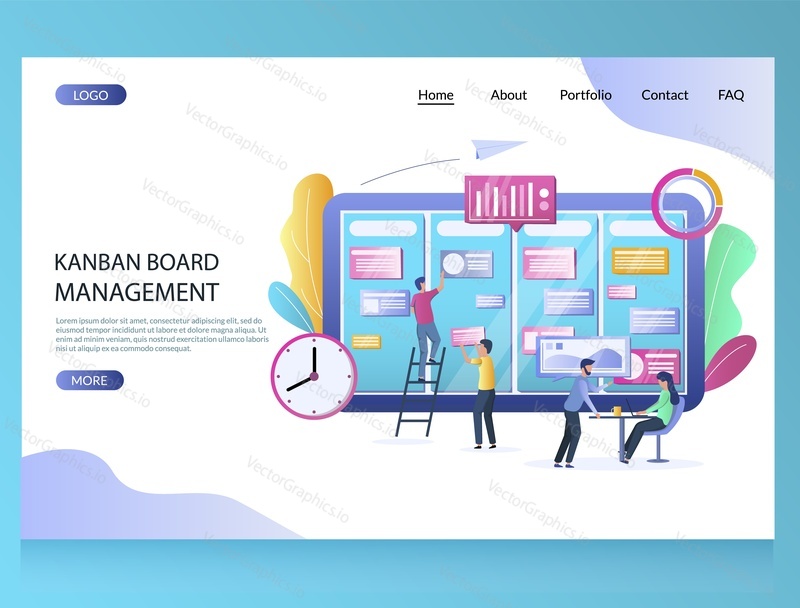 Kanban board management vector website template, web page and landing page design for website and mobile site development. Kanban methodology for agile software development concept with characters.