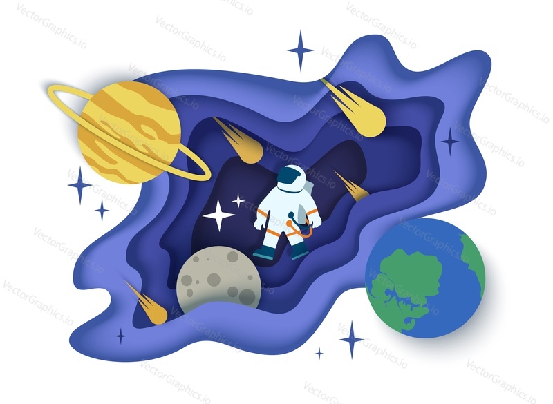 Astronaut in outer space, Earth, Saturn and other solar system planets, comets, vector illustration in paper art style. Space journey, astronomy science concept.