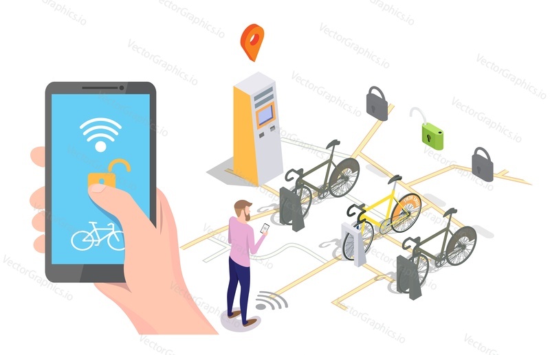 Vector isometric docking station with bicycles available for rent, payment terminal and man unlocking bike via smartphone. Bike sharing and rental mobile app concept for web banner, website page etc.