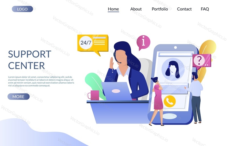 Support center vector website template, web page and landing page design for website and mobile site development. Female operator in headset providing product information, solutions to FAQ and issues.