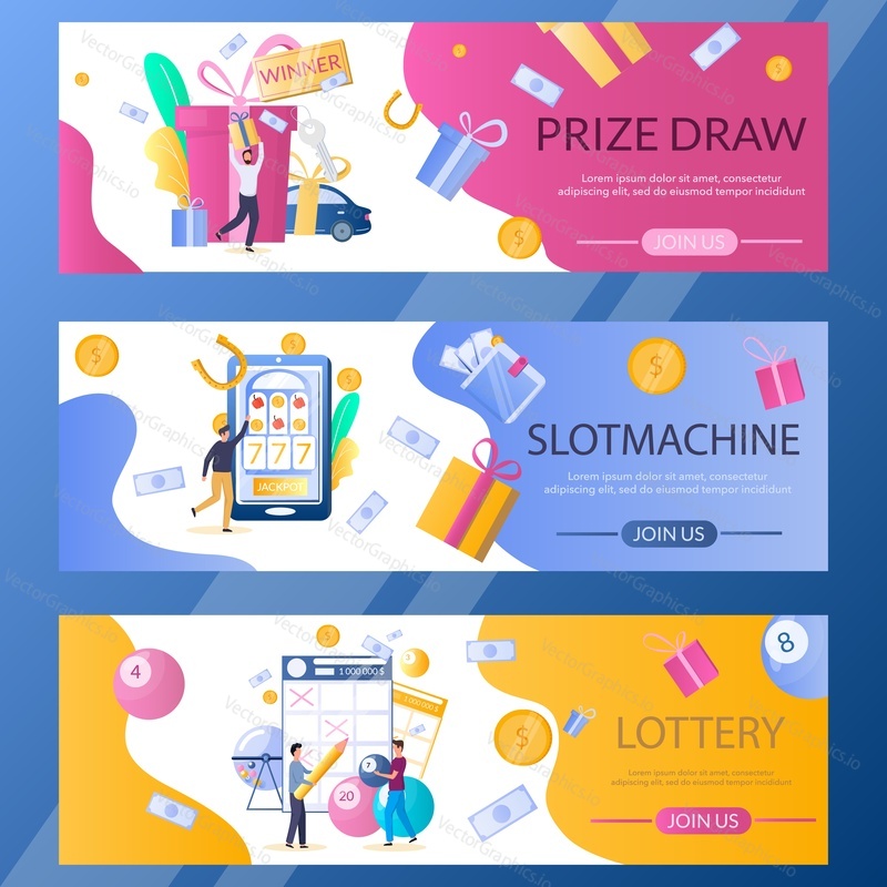 Lottery, Slot machine and Prize draw web banner template set, vector illustration. Lucky people playing slots and bingo, keno, lotto lottery games, taking part in prize drawing. Gambling industry.